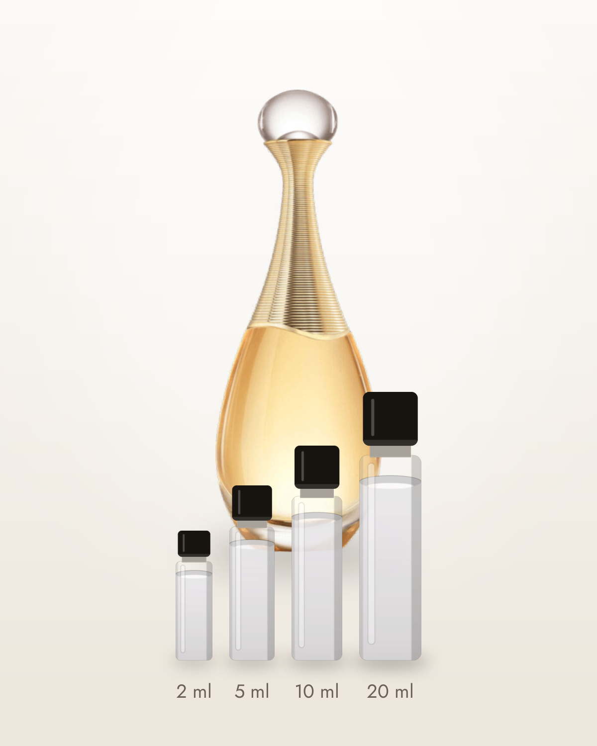 Dior J'adore – Abfüllungen in 2, 5, 10 und 20 ml vor dem Flakon